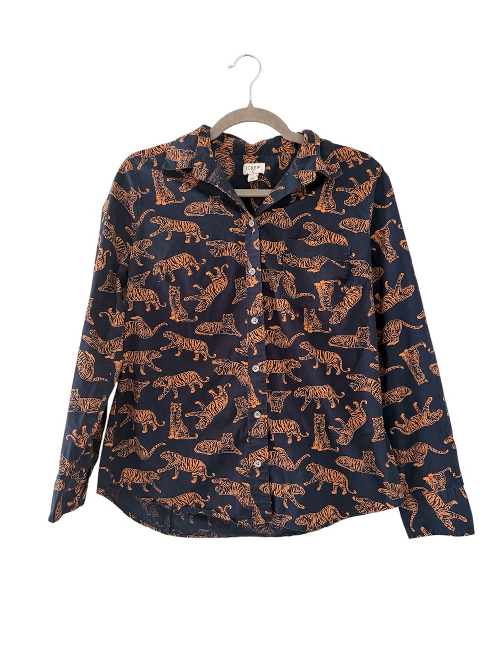 J. Crew Tiger Print Navy Button Up Blouse 100% Cotton Size M